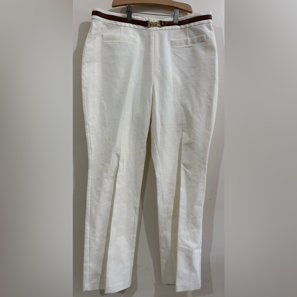 DEREK LAM 10 CROSBY Cream Chinos with Brown Waist Trim